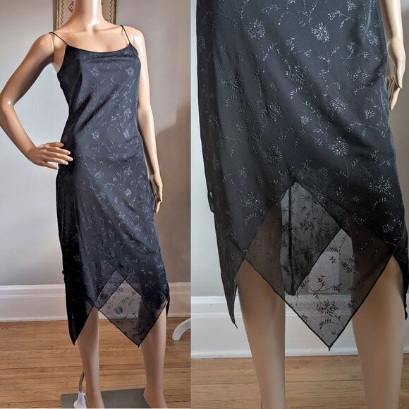 vintage Dresses & Skirts - Vintage 90s Byer Too Black Midi Dress Cocktail Floral Glitter Whimsygoth Size S